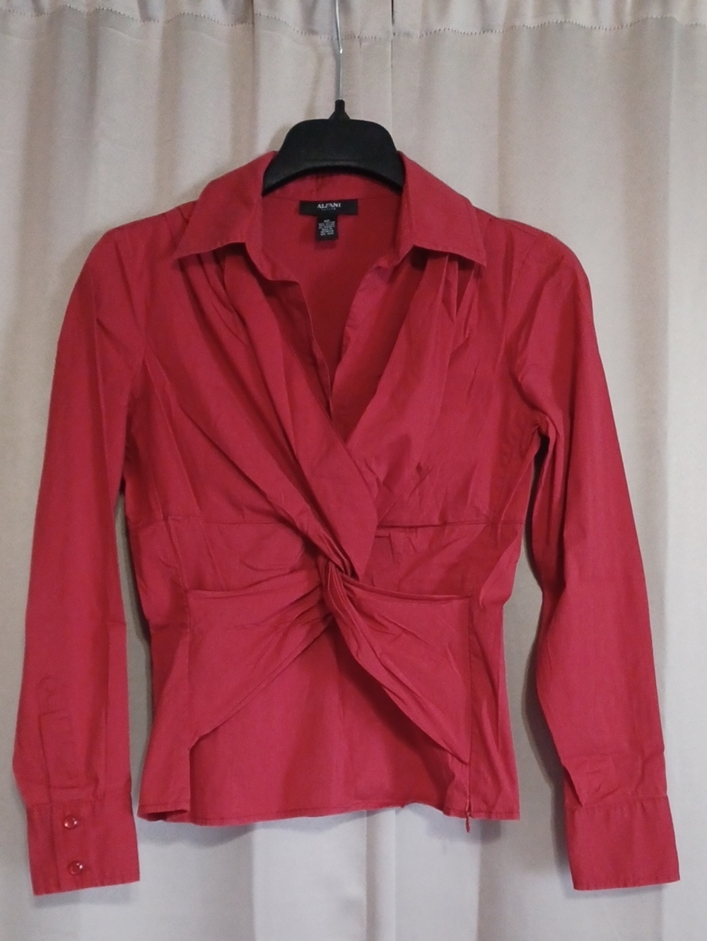 Alfani Red Twist Front Long Sleeve Collared Top Side Zipper V-Neck Red 4 Petite